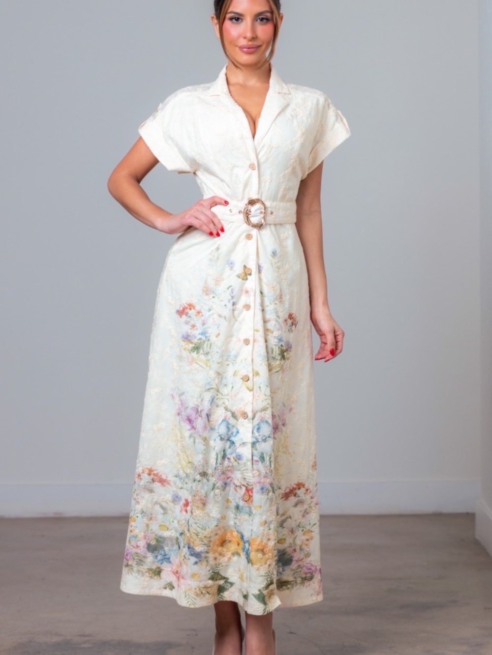 Floral Embroidery Ivory Maxi Summer Belted Dress